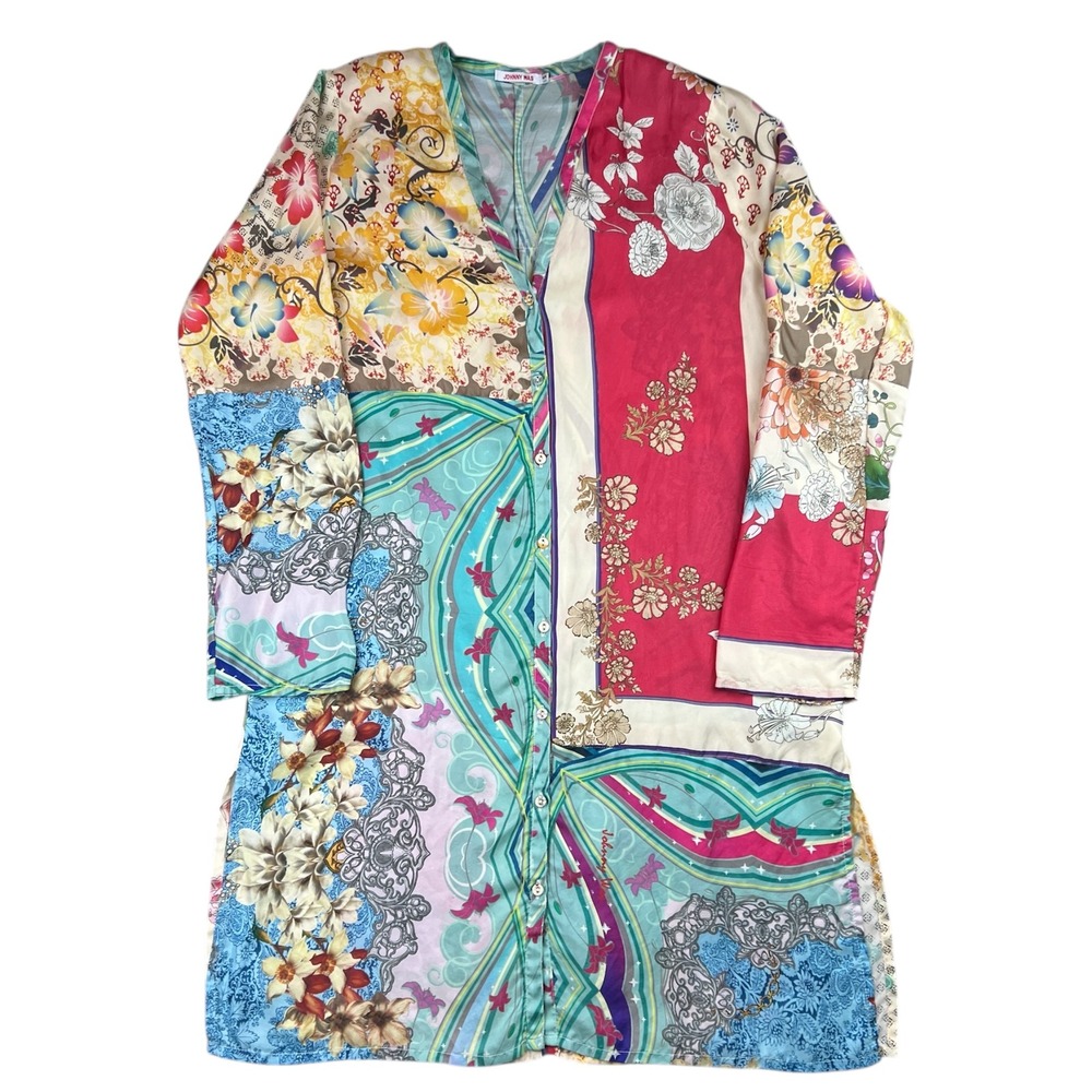 Johnny Was Silk Floral Patchwork Print Button Down Tunic Blouse Women's Small